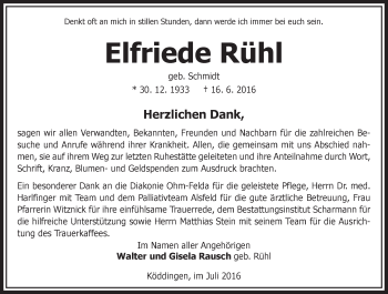 Traueranzeige von Elfriede Rühl von  OK Oberhessen Kurier