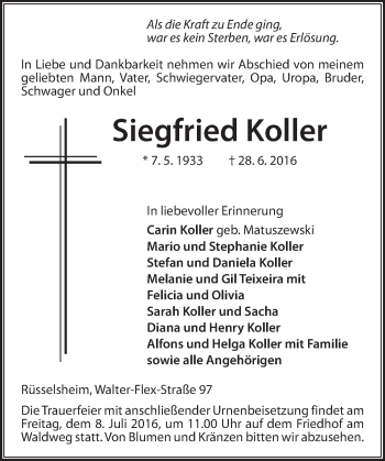 Traueranzeige von Siegfried Koller von Trauerportal Rhein Main Presse