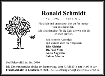 Traueranzeige von Ronald Schmidt von  OK Oberhessen Kurier