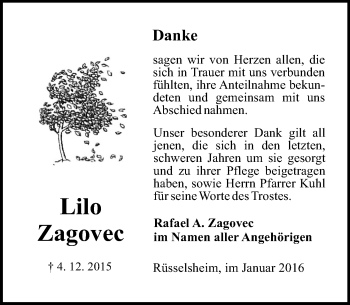 Traueranzeige von Lilo Zagovec von trauer.echo-online.de
