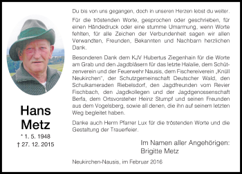 Traueranzeige von Hans Metz von  OK Oberhessen Kurier