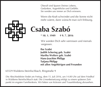 Traueranzeige von Csaba Szabó von  Camberger Anzeiger