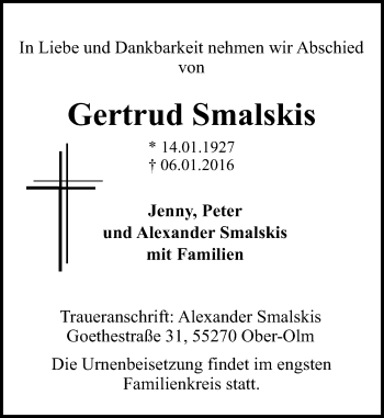 Traueranzeige von Gertrud Smalskis von  Allgemeine Zeitung Mainz