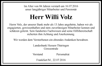 Traueranzeige von Willi Volz von  Kreisanzeiger