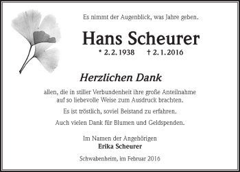 Traueranzeige von Hans Scheurer von  Allgemeine  Zeitung Ingelheim-Bingen