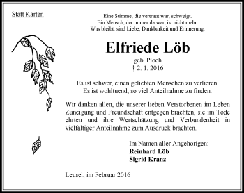Traueranzeige von Elfriede Löb von  OZ - Extra