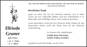 Traueranzeige von Elfriede Gruner von  Kreisanzeiger