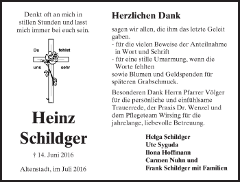 Traueranzeige von Heinz Schildger von  Sonntags Anzeiger