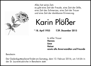 Traueranzeige von Karin Plößer von  Bürstädter Zeitung