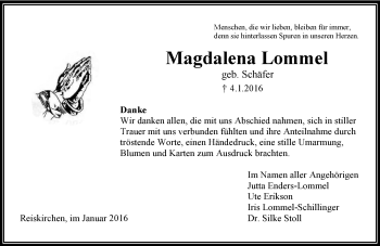 Traueranzeige von Magdalena Lommel von  Gießener Anzeiger