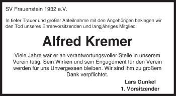 Traueranzeige von Alfred Kremer von trauer.rmp.de