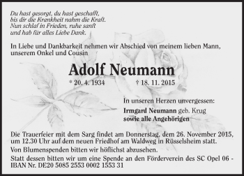Traueranzeige von Adolf Neumann von  Mainspitze