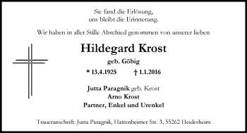 Traueranzeige von Hildegard Krost von  Allgemeine Zeitung Mainz