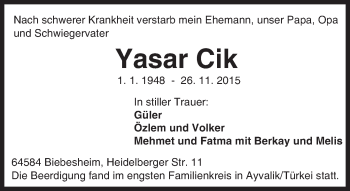 Traueranzeige von Yasar Cik von trauer.echo-online.de