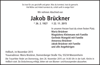 Traueranzeige von Jakob Brückner von  Wormser Zeitung
