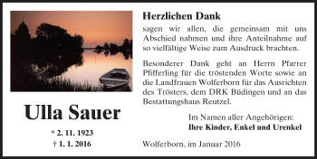Traueranzeige von Ulla Sauer von  Sonntags Anzeiger
