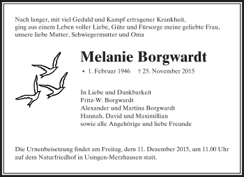 Traueranzeige von Melanie Borgwardt von  Usinger Anzeiger