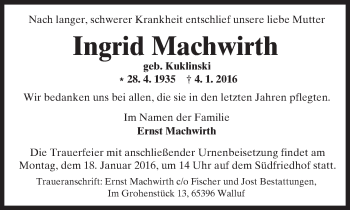 Traueranzeige von Ingrid Machwirth von  Wiesbaden komplett