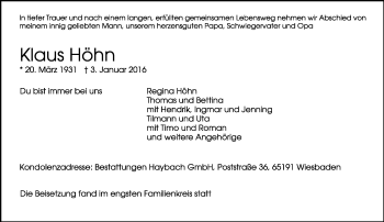 Traueranzeige von Klaus Höhn von  Wiesbaden komplett