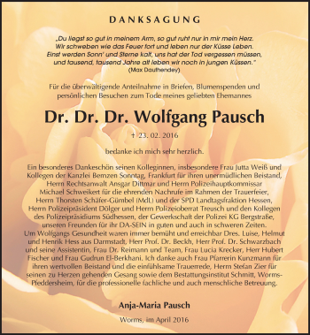 Traueranzeige von Wolfgang Pausch von trauer.echo-online.de