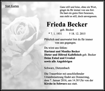 Traueranzeige von Frieda Becker von VRM Trauer