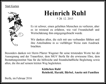 Traueranzeige von Heinrich Ruhl von  OK Oberhessen Kurier