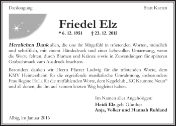 Traueranzeige von Friedel Elz von  Allgemeine Zeitung Alzey
