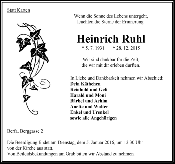 Traueranzeige von Heinrich Ruhl von VRM Trauer
