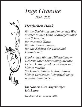 Traueranzeige von Inge Graeske von  WK-UTA/Aar-Bote