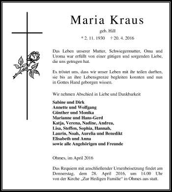 Traueranzeige von Maria Kraus von VRM Trauer