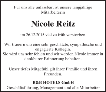 Traueranzeige von Nicole Reitz von  Mainspitze