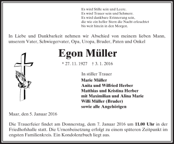 Traueranzeige von Egon Müller von VRM Trauer