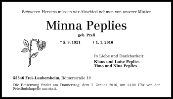 Traueranzeige von Minna Peplies von  Allg. Zeitung Bad Kreuznach