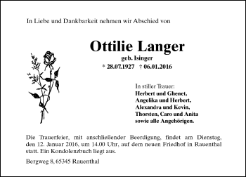 Traueranzeige von Ottilie Langer von  Rheingau