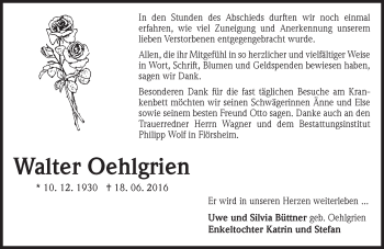 Traueranzeige von Walter Oehlgrien von Trauerportal Rhein Main Presse