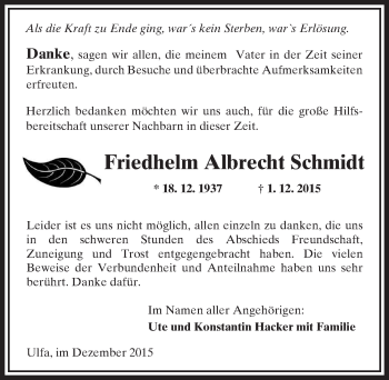 Traueranzeige von Friedhelm Albrecht Schmidt von  Sonntags Anzeiger