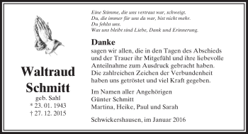 Traueranzeige von Waltraud Schmitt von  Camberger Anzeiger