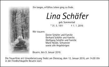 Traueranzeige von Lina Schäfer von  Gießener Anzeiger