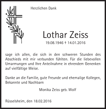 Traueranzeige von Lothar Zeiss von  Mainspitze