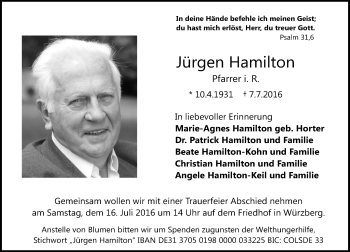 Traueranzeige von Jürgen Hamilton von Trauerportal Echo Online