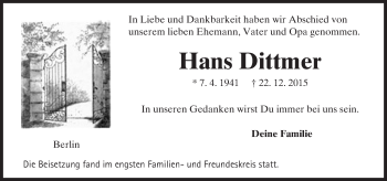 Traueranzeige von Hans Dittmer von  GT Extra
