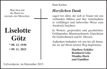 Traueranzeige von Liselotte Götz von  Allgemeine Zeitung Mainz