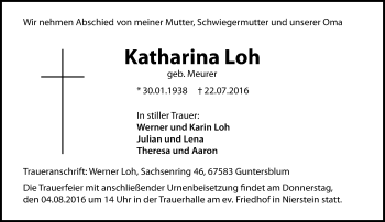 Traueranzeige von Katharina Loh von Trauerportal Rhein Main Presse