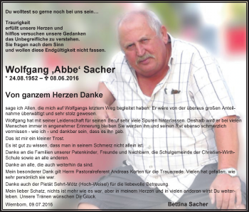 Traueranzeige von Wolfgang Sacher von  Usinger Anzeiger