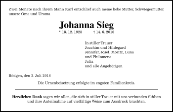 Traueranzeige von Johanna Sieg von  Gießener Anzeiger