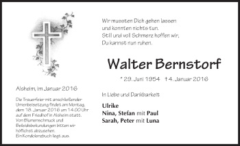 Traueranzeige von Walter Bernstorf von  Wormser Zeitung