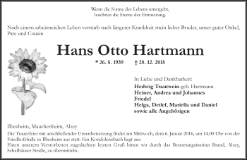 Traueranzeige von Hans Otto Hartmann von  Allgemeine Zeitung Alzey