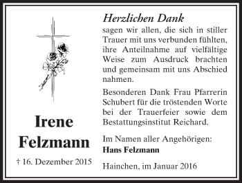 Traueranzeige von Irene Felzmann von  Sonntags Anzeiger