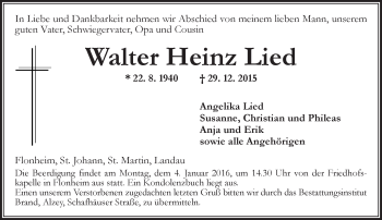 Traueranzeige von Walter Heinz Lied von  Allgemeine Zeitung Alzey