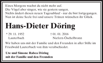 Traueranzeige von Hans-Dieter Döring von VRM Trauer